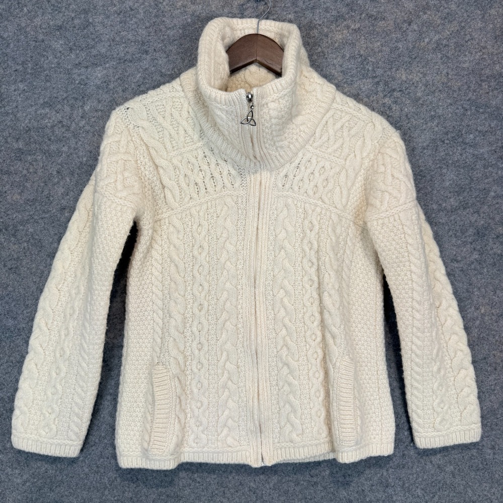 Aran Crafts Double Collar Zip Merino Cardigan Medium (fits small) Cable Cream